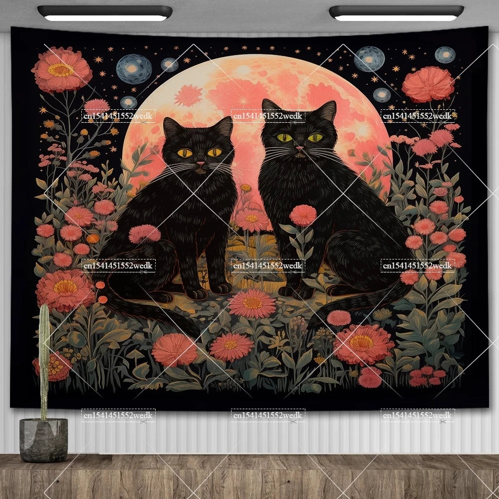 Tapiz de biblioteca de gato negro para colgar en la pared, tela de Altar de bruja oculta, tapices de Tarot, decoración estética para dormitorio, tapices impresos