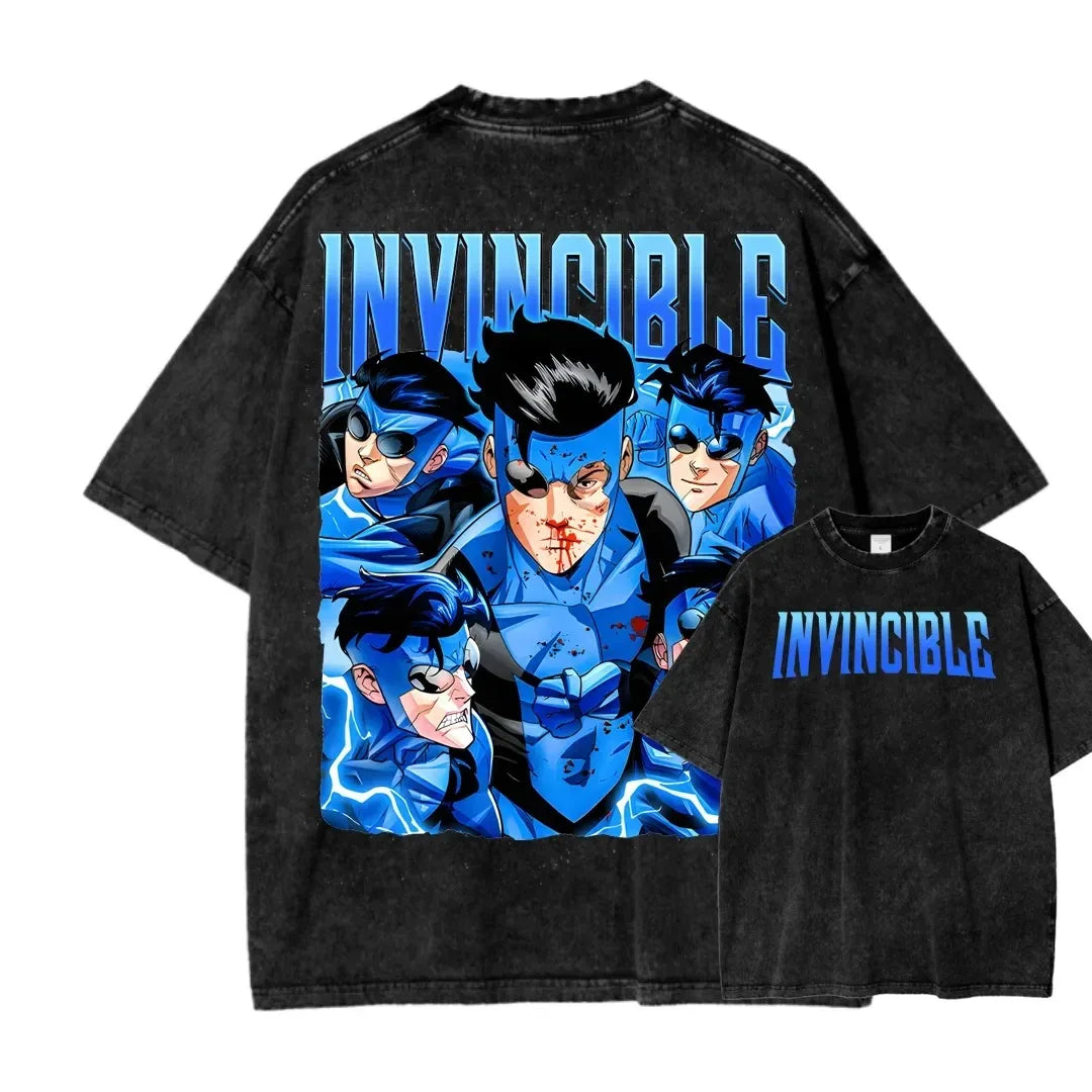 Camiseta Invincible Lavada, Ropa con Personalidad, Suave, para Todo el Año, Oversize, para Parejas, Unisex, Y2K, Manga Corta, Clásica, Casual