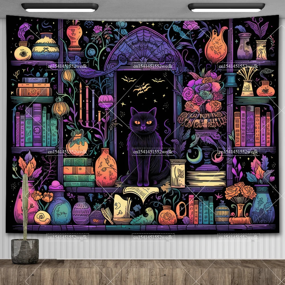 Tapiz de biblioteca de gato negro para colgar en la pared, tela de Altar de bruja oculta, tapices de Tarot, decoración estética para dormitorio, tapices impresos