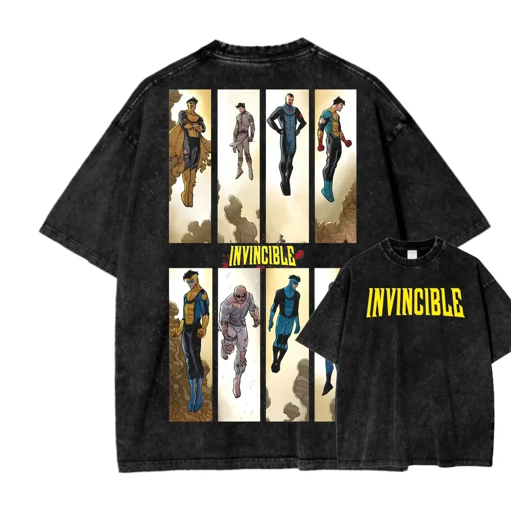 Camiseta Invincible Lavada, Ropa con Personalidad, Suave, para Todo el Año, Oversize, para Parejas, Unisex, Y2K, Manga Corta, Clásica, Casual