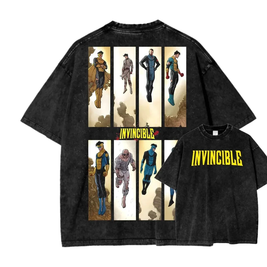 Camiseta Invincible Lavada, Ropa con Personalidad, Suave, para Todo el Año, Oversize, para Parejas, Unisex, Y2K, Manga Corta, Clásica, Casual