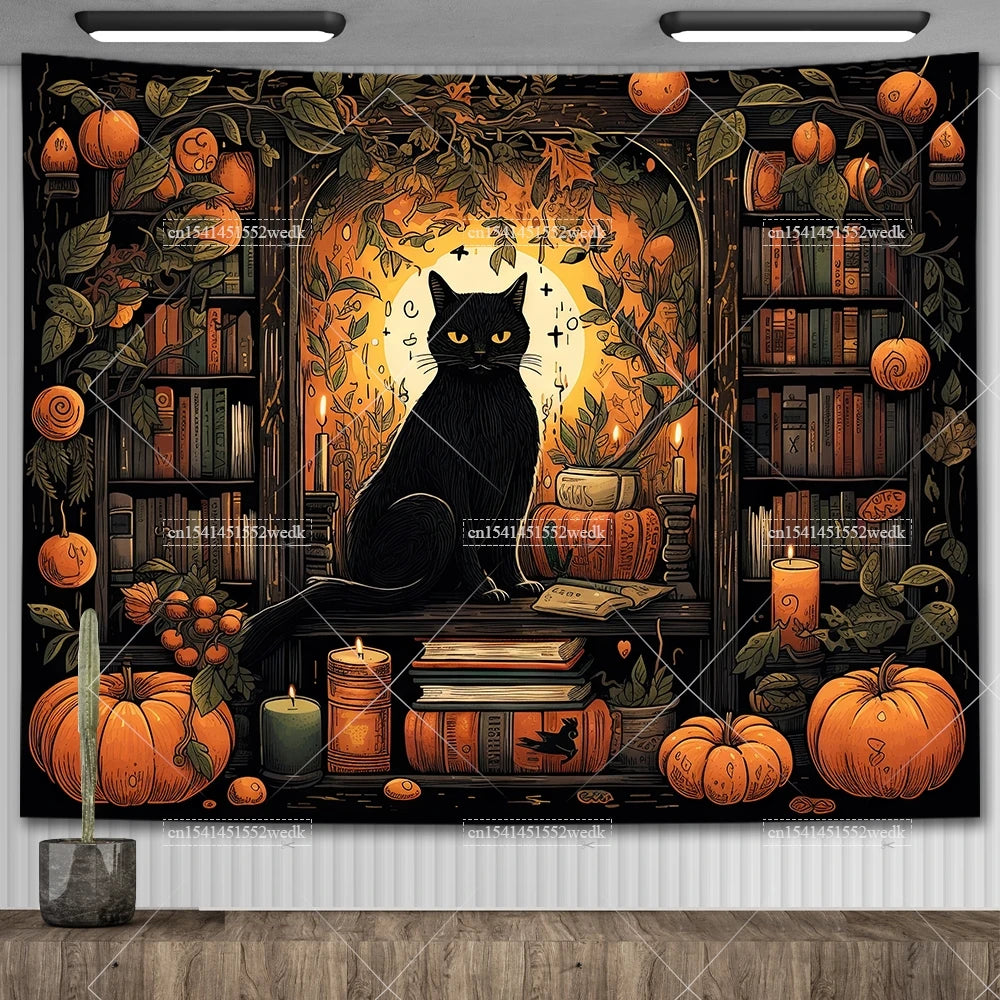 Tapiz de biblioteca de gato negro para colgar en la pared, tela de Altar de bruja oculta, tapices de Tarot, decoración estética para dormitorio, tapices impresos