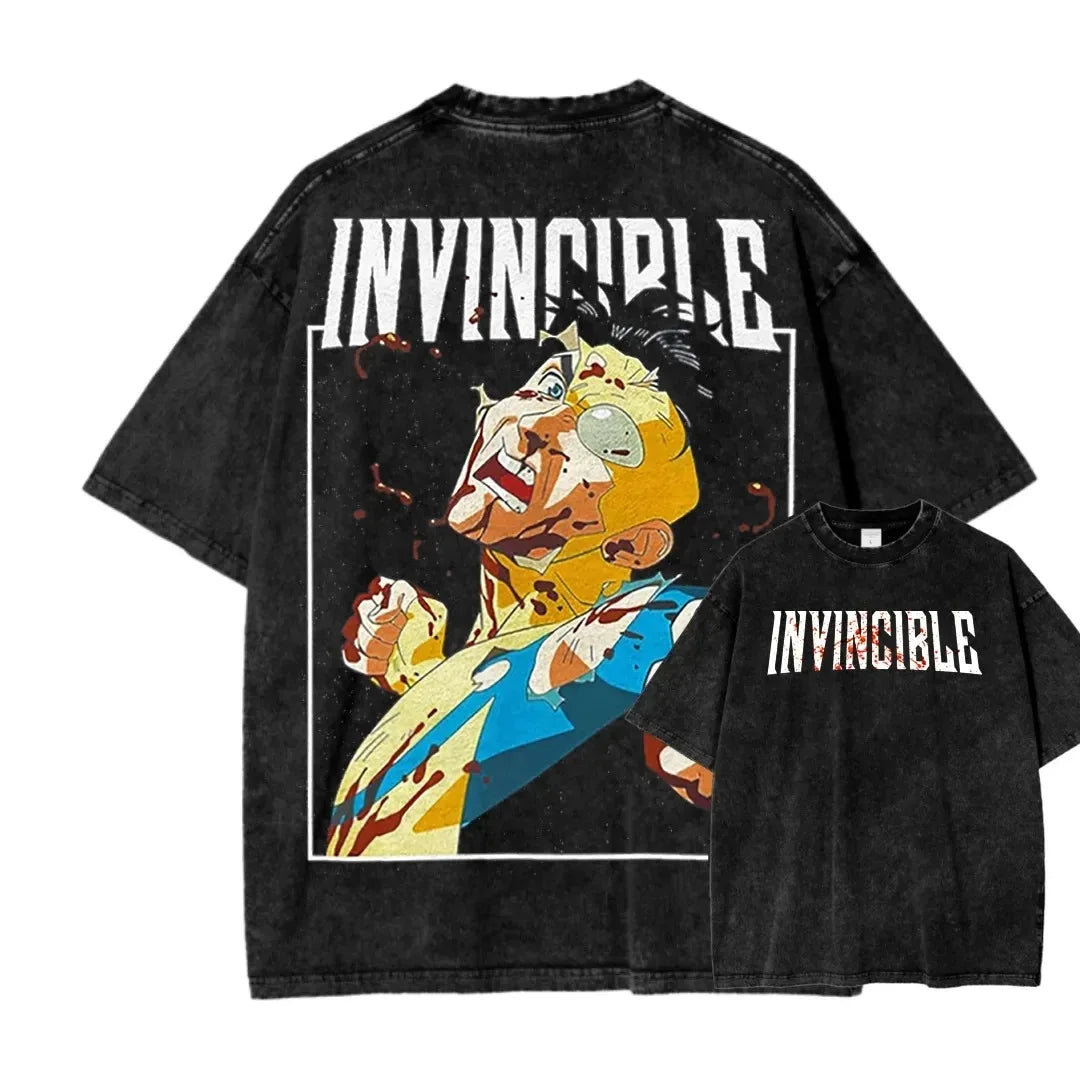 Camiseta Invincible Lavada, Ropa con Personalidad, Suave, para Todo el Año, Oversize, para Parejas, Unisex, Y2K, Manga Corta, Clásica, Casual