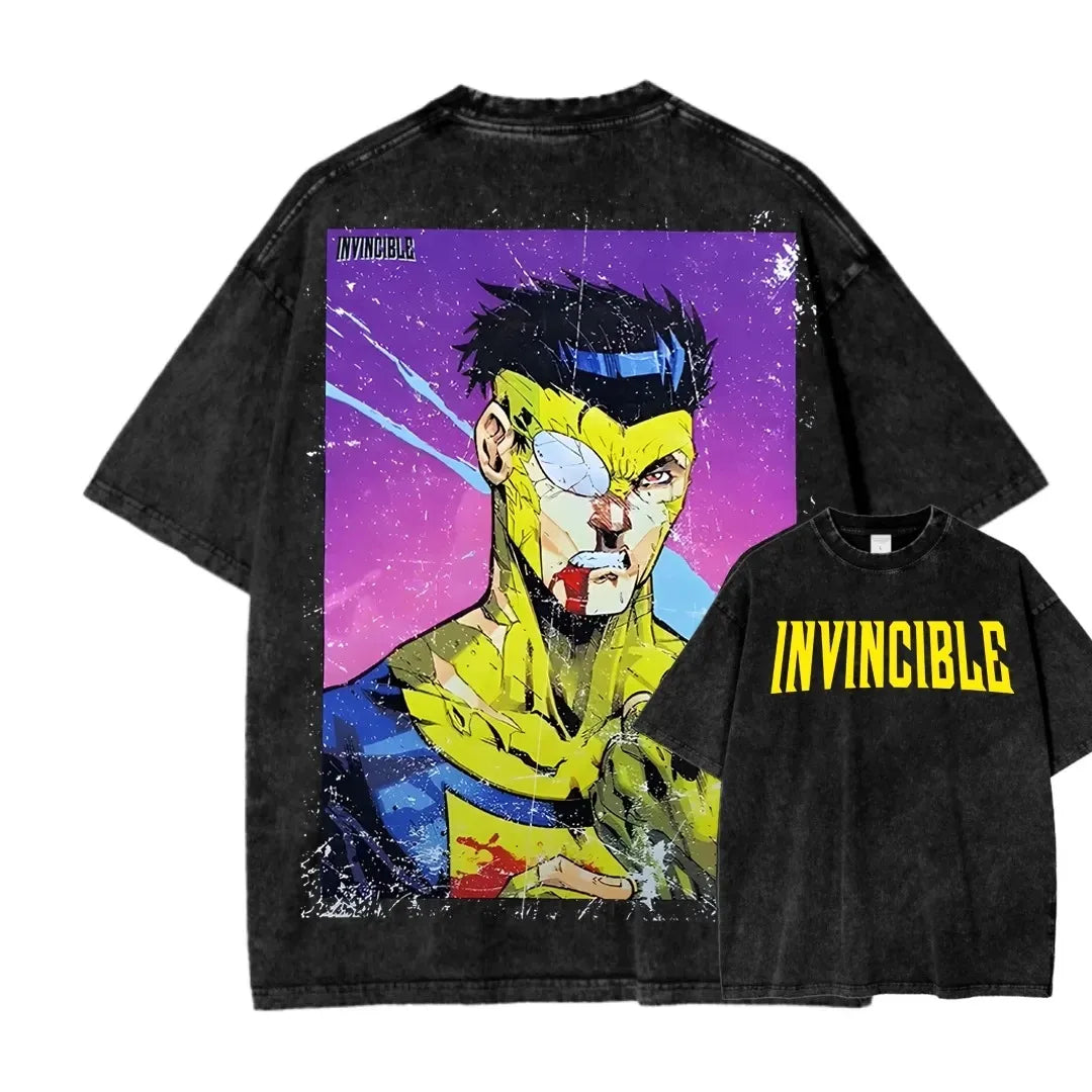 Camiseta Invincible Lavada, Ropa con Personalidad, Suave, para Todo el Año, Oversize, para Parejas, Unisex, Y2K, Manga Corta, Clásica, Casual