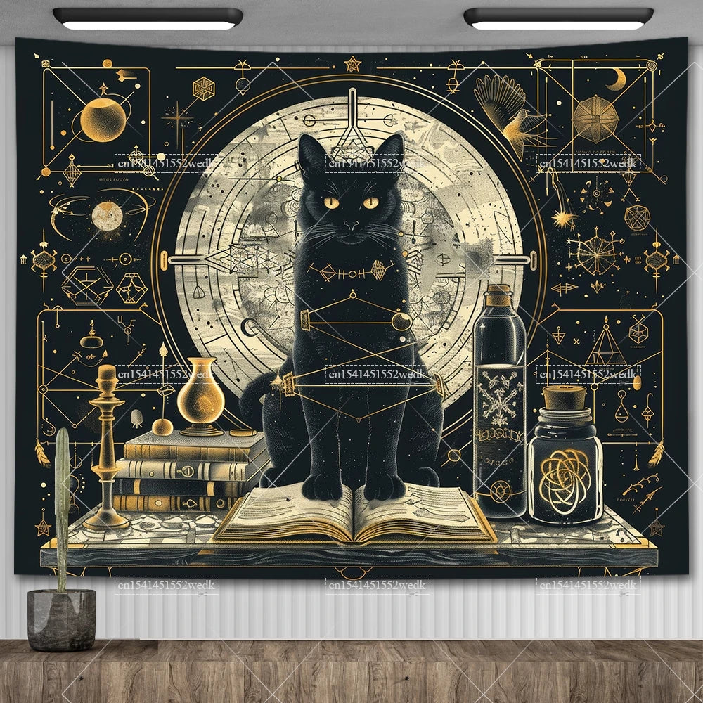 Tapiz de biblioteca de gato negro para colgar en la pared, tela de Altar de bruja oculta, tapices de Tarot, decoración estética para dormitorio, tapices impresos