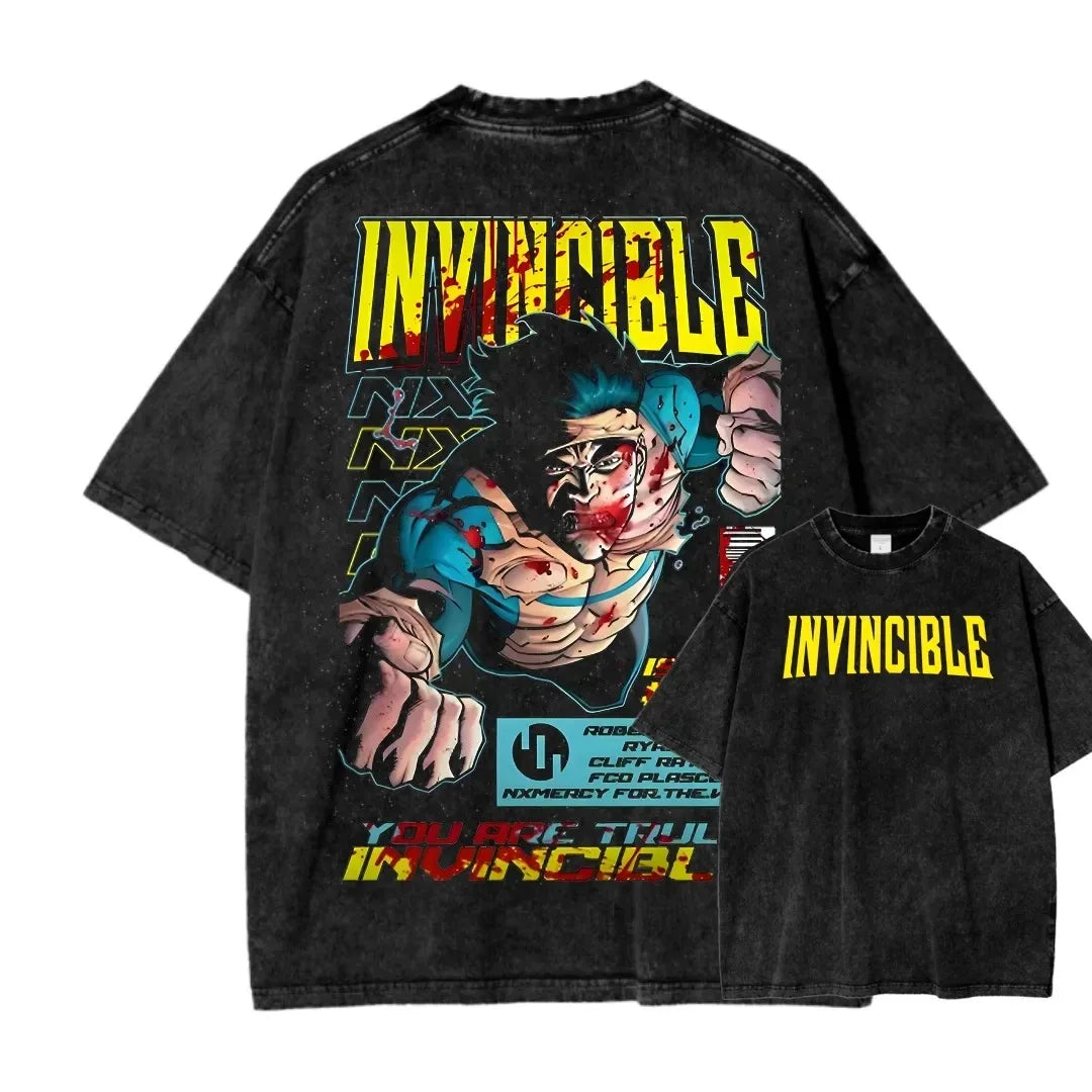 Camiseta Invincible Lavada, Ropa con Personalidad, Suave, para Todo el Año, Oversize, para Parejas, Unisex, Y2K, Manga Corta, Clásica, Casual