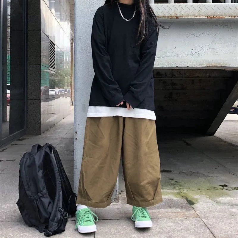 Pantalones de Hip Hop para mujer, moda de calle, primavera Otoño, minimalista, holgado, informal, coreano, sencillo, liso, combina con todo, ropa de trabajo para correr Ins