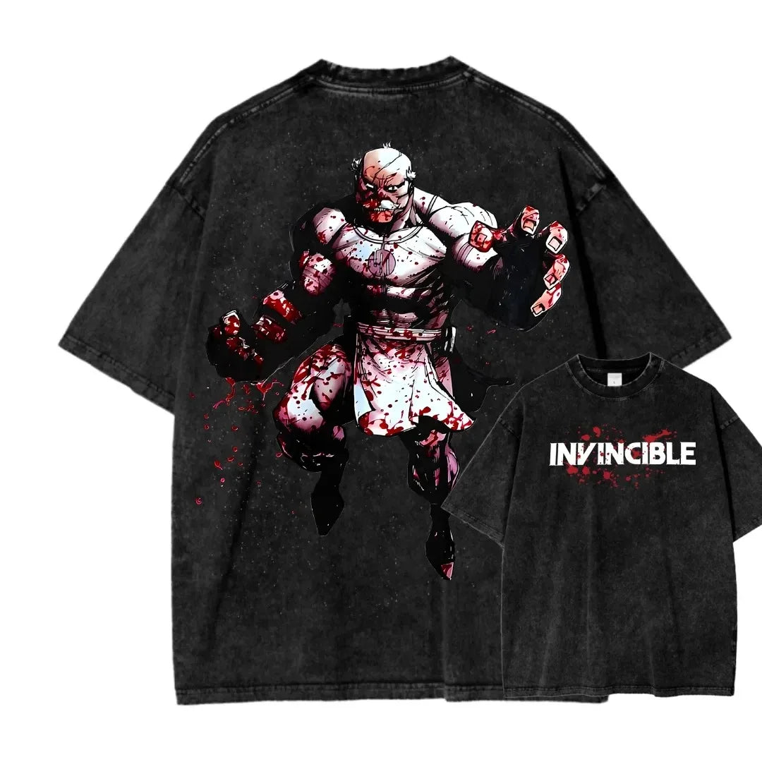 Camiseta Invincible Lavada, Ropa con Personalidad, Suave, para Todo el Año, Oversize, para Parejas, Unisex, Y2K, Manga Corta, Clásica, Casual