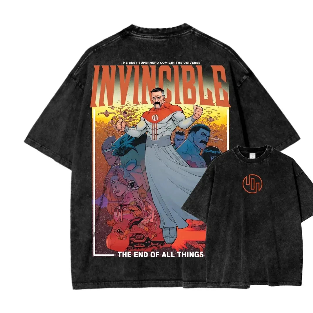 Camiseta Invincible Lavada, Ropa con Personalidad, Suave, para Todo el Año, Oversize, para Parejas, Unisex, Y2K, Manga Corta, Clásica, Casual