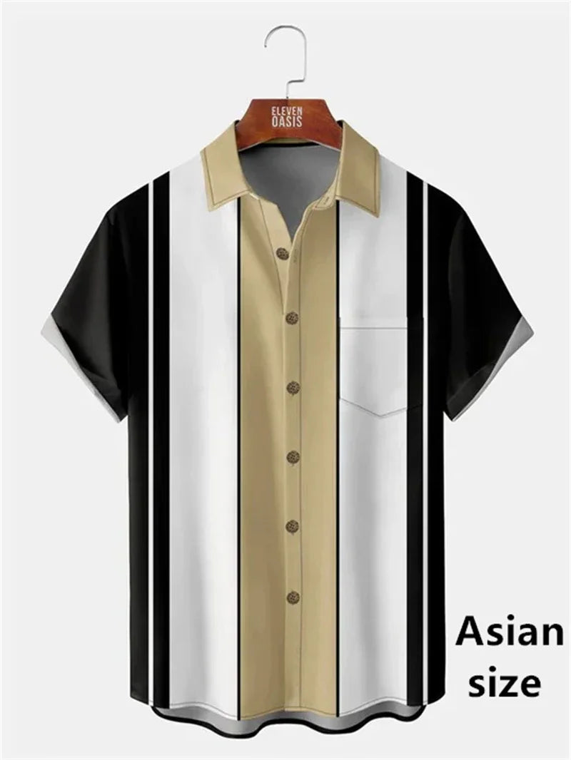 Camisas Vintage para Hombre con Estampado 3D, Camisa Casual de Verano con Patrón Clásico a Rayas, Manga Corta, Nueva Camisa Unisex con Botones y Solapa, Tops de Playa Hawaianos