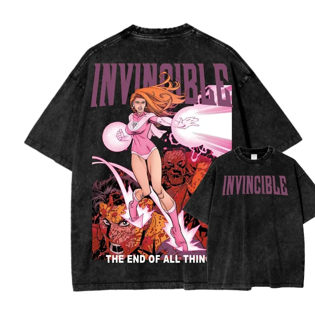 Camiseta Invincible Lavada, Ropa con Personalidad, Suave, para Todo el Año, Oversize, para Parejas, Unisex, Y2K, Manga Corta, Clásica, Casual