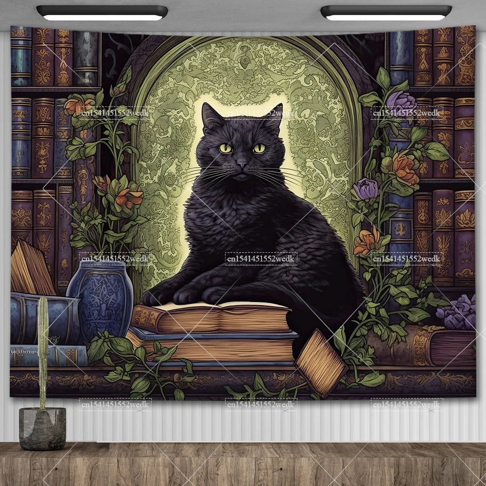 Tapiz de biblioteca de gato negro para colgar en la pared, tela de Altar de bruja oculta, tapices de Tarot, decoración estética para dormitorio, tapices impresos