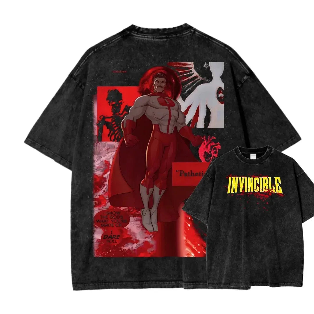 Camiseta Invincible Lavada, Ropa con Personalidad, Suave, para Todo el Año, Oversize, para Parejas, Unisex, Y2K, Manga Corta, Clásica, Casual