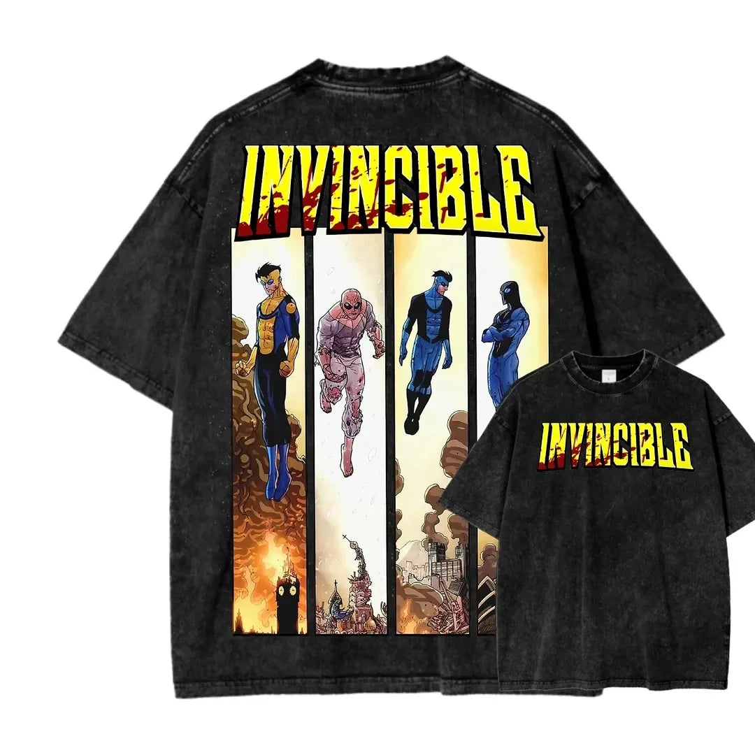 Camiseta Invincible Lavada, Ropa con Personalidad, Suave, para Todo el Año, Oversize, para Parejas, Unisex, Y2K, Manga Corta, Clásica, Casual