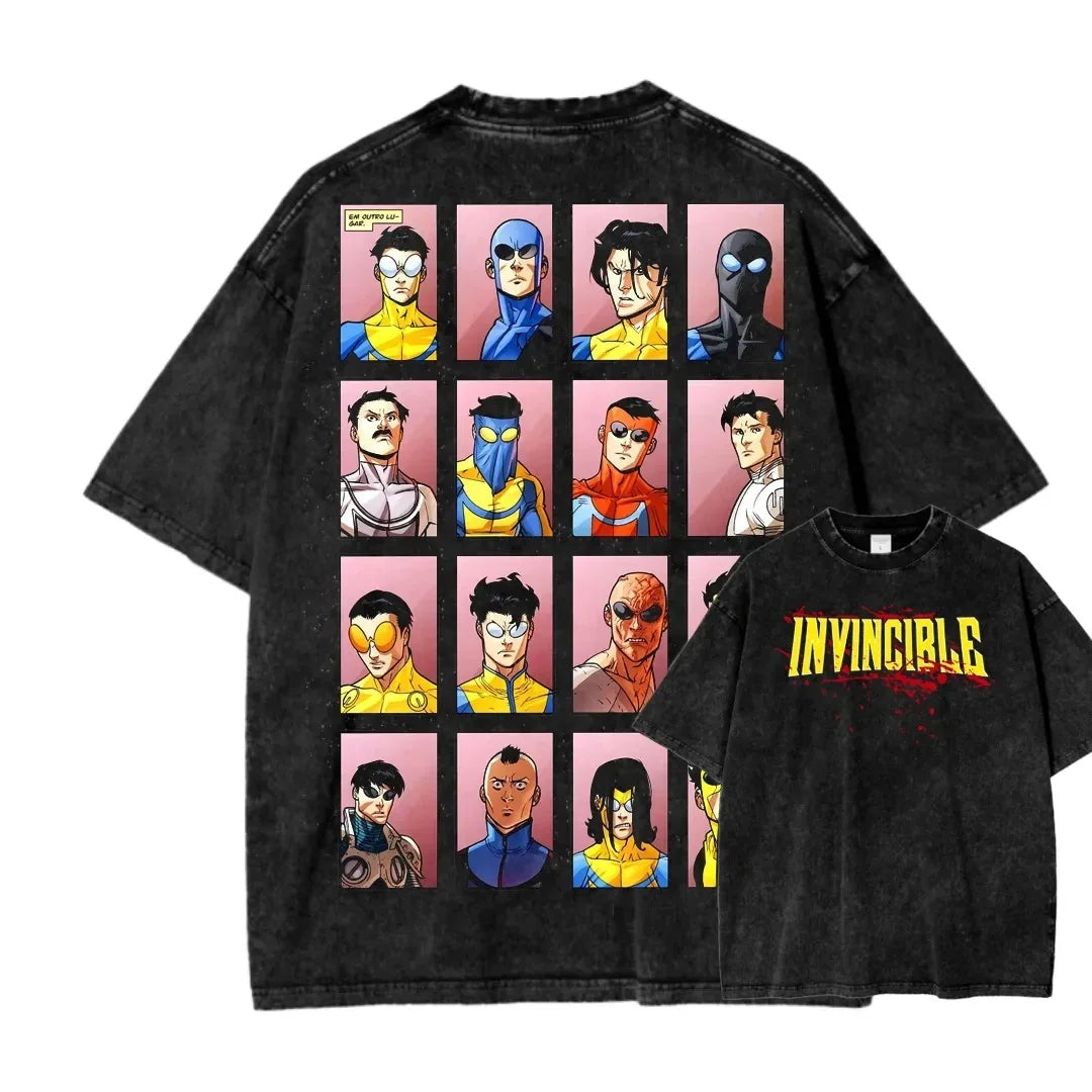 Camiseta Invincible Lavada, Ropa con Personalidad, Suave, para Todo el Año, Oversize, para Parejas, Unisex, Y2K, Manga Corta, Clásica, Casual