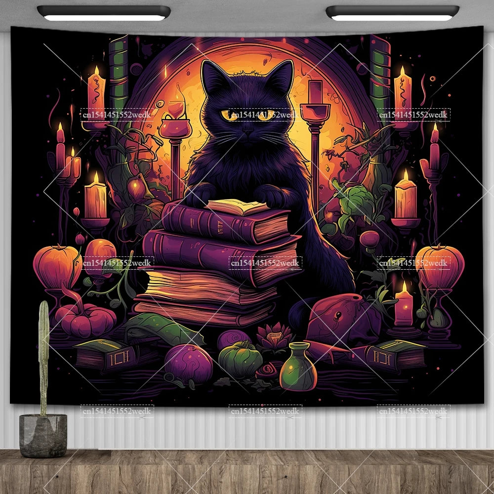 Tapiz de biblioteca de gato negro para colgar en la pared, tela de Altar de bruja oculta, tapices de Tarot, decoración estética para dormitorio, tapices impresos