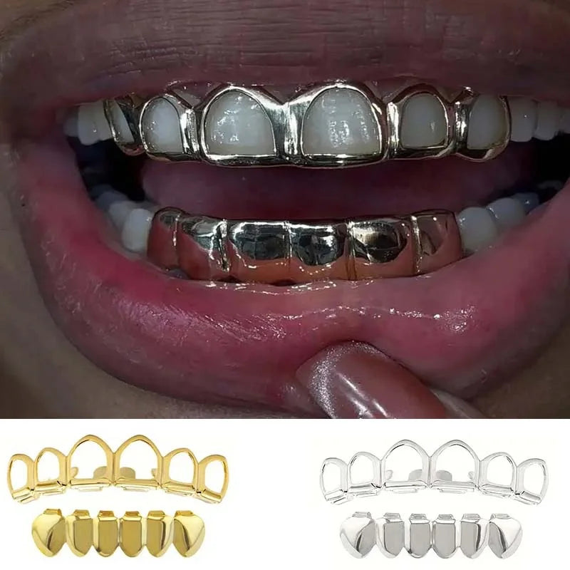 Un conjunto de adornos de dientes de Hip-Hop, accesorios de escenario y regalos de Festival, ahuecados/lisos de seis dientes a la moda