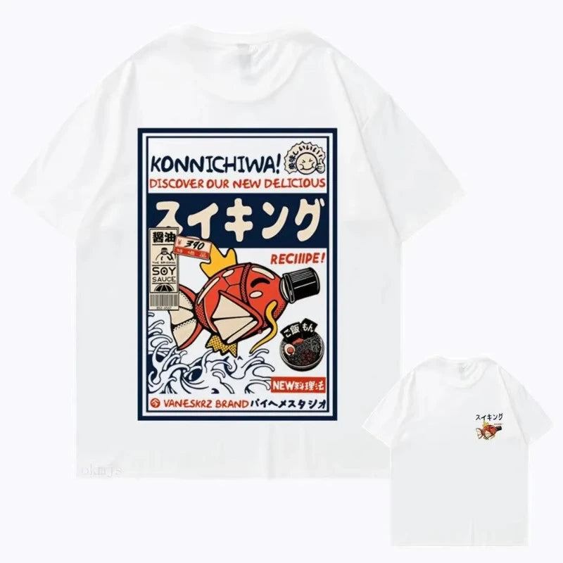 Camiseta estilo Hip Hop Street Style, camiseta con estampado de peces divertidos de estilo japonés Harajuku, regalo para fanáticos, estilo callejero retro