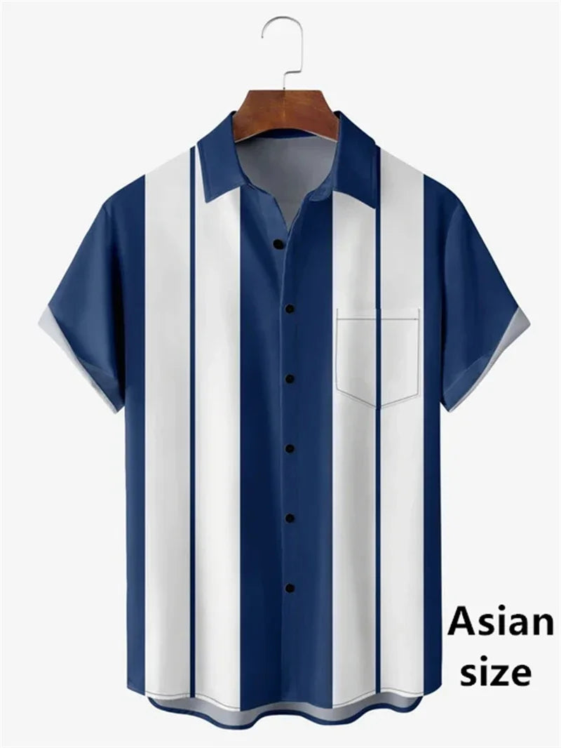 Camisas Vintage para Hombre con Estampado 3D, Camisa Casual de Verano con Patrón Clásico a Rayas, Manga Corta, Nueva Camisa Unisex con Botones y Solapa, Tops de Playa Hawaianos