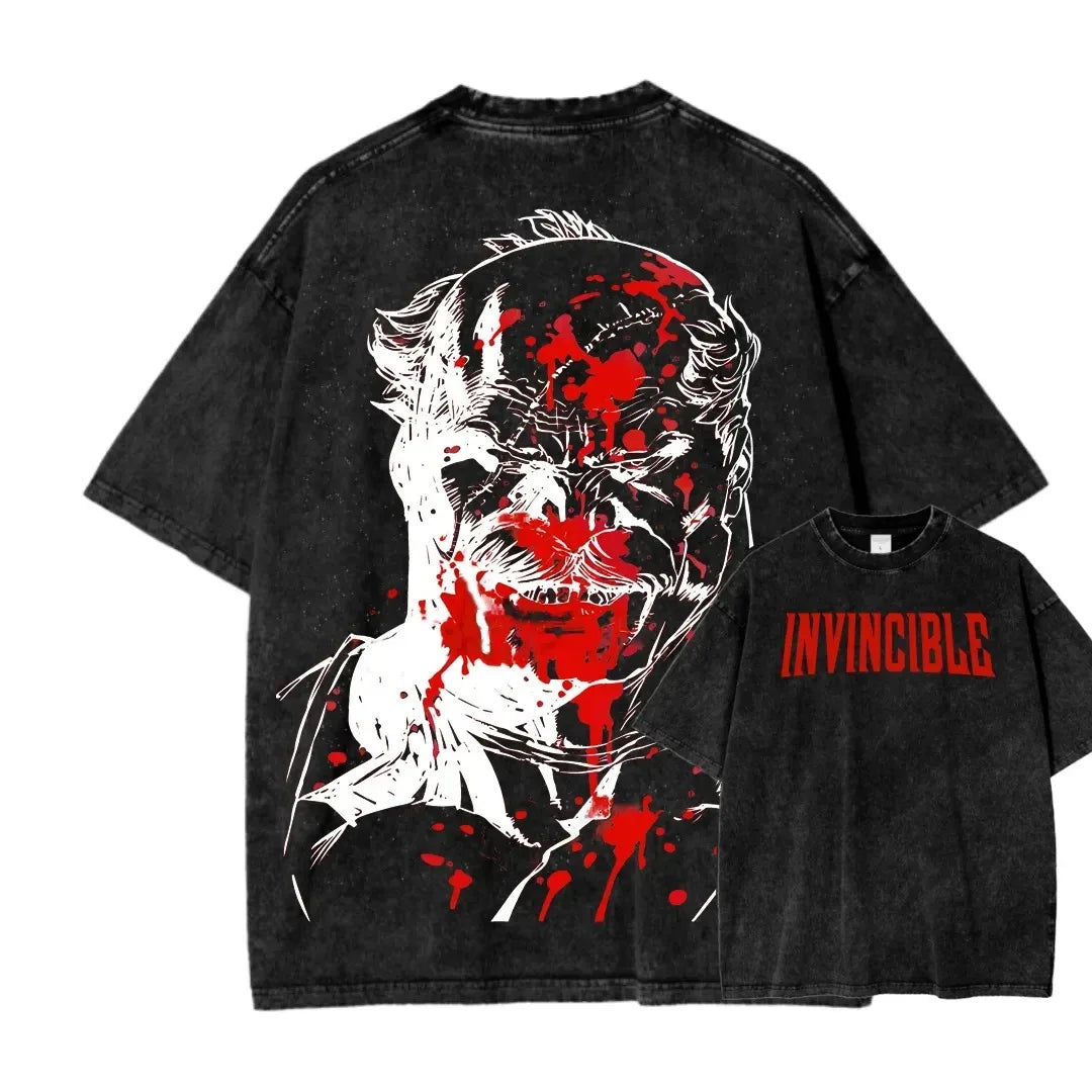 Camiseta Invincible Lavada, Ropa con Personalidad, Suave, para Todo el Año, Oversize, para Parejas, Unisex, Y2K, Manga Corta, Clásica, Casual