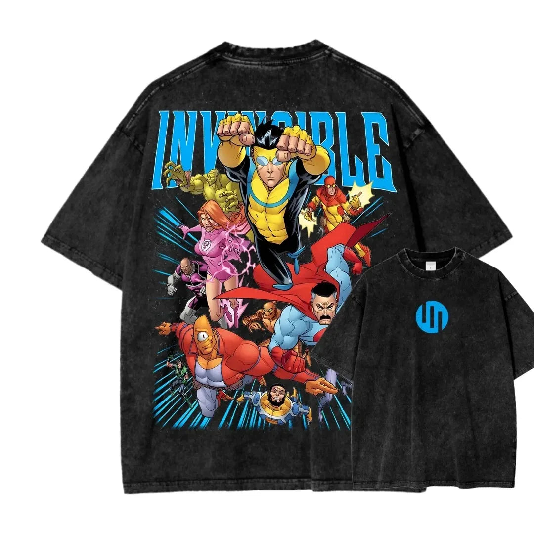 Camiseta Invincible Lavada, Ropa con Personalidad, Suave, para Todo el Año, Oversize, para Parejas, Unisex, Y2K, Manga Corta, Clásica, Casual