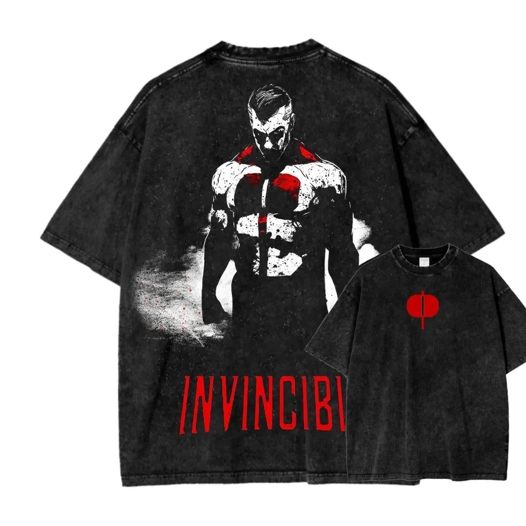 Camiseta Invincible Lavada, Ropa con Personalidad, Suave, para Todo el Año, Oversize, para Parejas, Unisex, Y2K, Manga Corta, Clásica, Casual