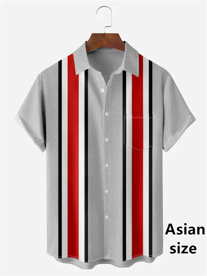 Camisas Vintage para Hombre con Estampado 3D, Camisa Casual de Verano con Patrón Clásico a Rayas, Manga Corta, Nueva Camisa Unisex con Botones y Solapa, Tops de Playa Hawaianos