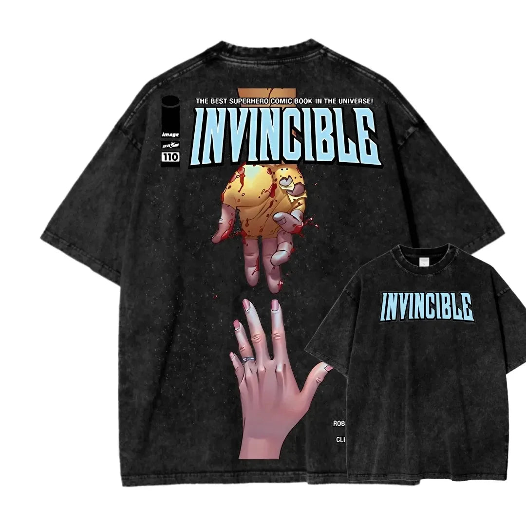 Camiseta Invincible Lavada, Ropa con Personalidad, Suave, para Todo el Año, Oversize, para Parejas, Unisex, Y2K, Manga Corta, Clásica, Casual