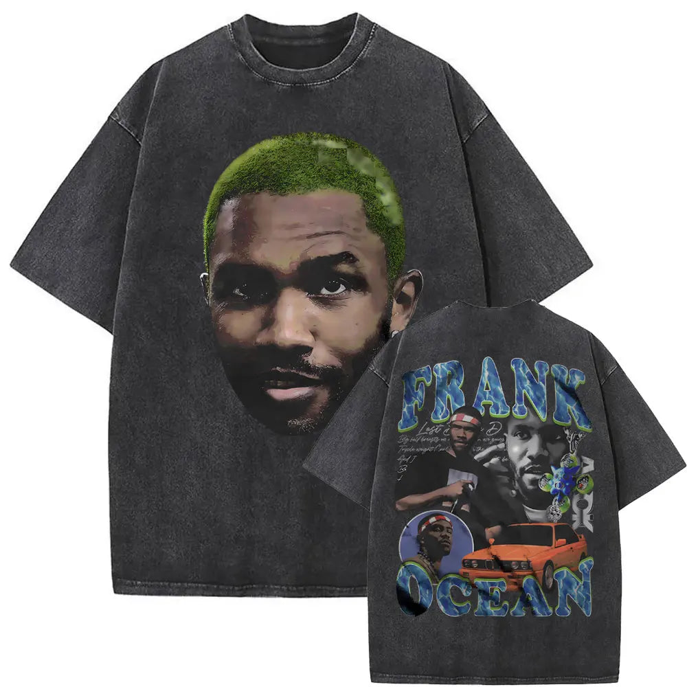 Camiseta lavada Vintage rapero Frank para hombre y mujer, camisa de gran tamaño con gráfico Rubio, estilo Hip Hop, informal, a la moda