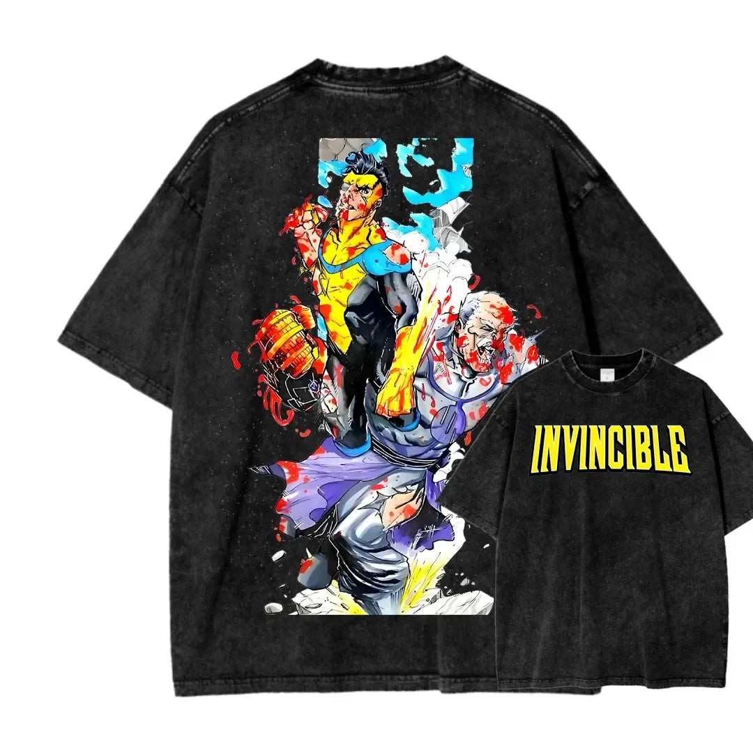 Camiseta Invincible Lavada, Ropa con Personalidad, Suave, para Todo el Año, Oversize, para Parejas, Unisex, Y2K, Manga Corta, Clásica, Casual